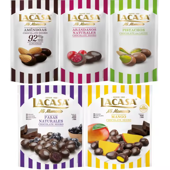 Lacasa Mi Momento pack de 5:Arándano  Negro 60 G,Pistacho  Leche 50 G,Almendra 92% 65 G,Pasas  Negro 150 G,Mango  Negro 115 G - 1