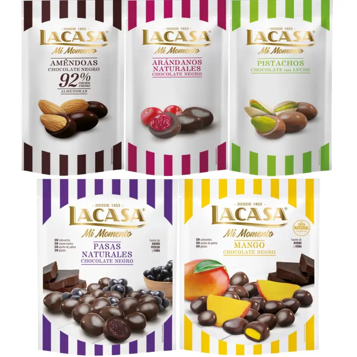 Lacasa Mi Momento pack de 5:Arándano  Negro 60 G,Pistacho  Leche 50 G,Almendra 92% 65 G,Pasas  Negro 150 G,Mango  Negro 115 G - 1