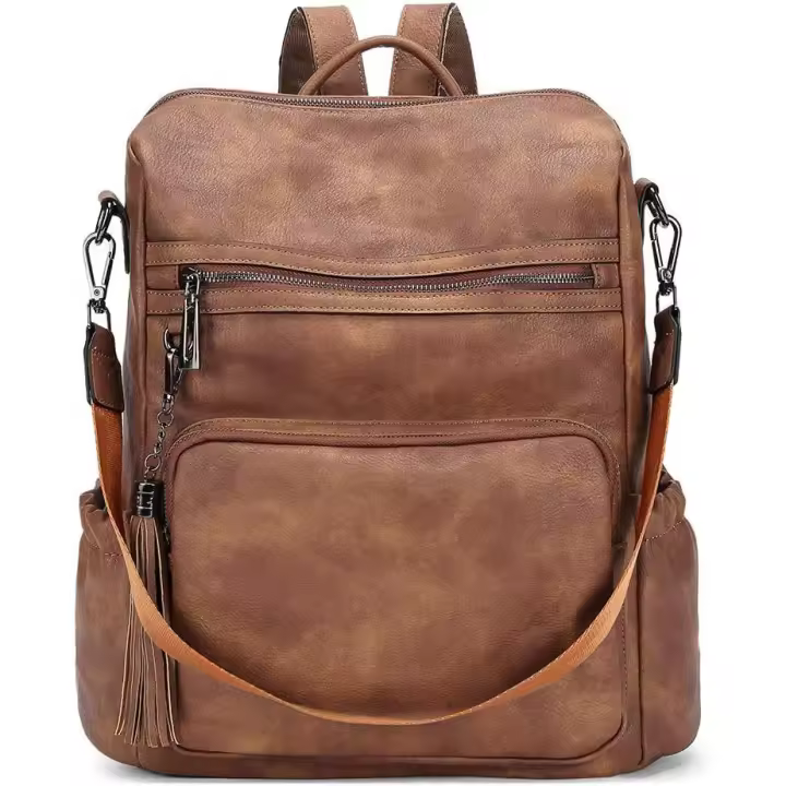 Mochila de mujer, cartera de gran tamaño, mochila de mujer, mochila de viaje de cuero genuino, mochila de trabajo de moda, mochila casual de mujer con borlas, café bicolor - 1