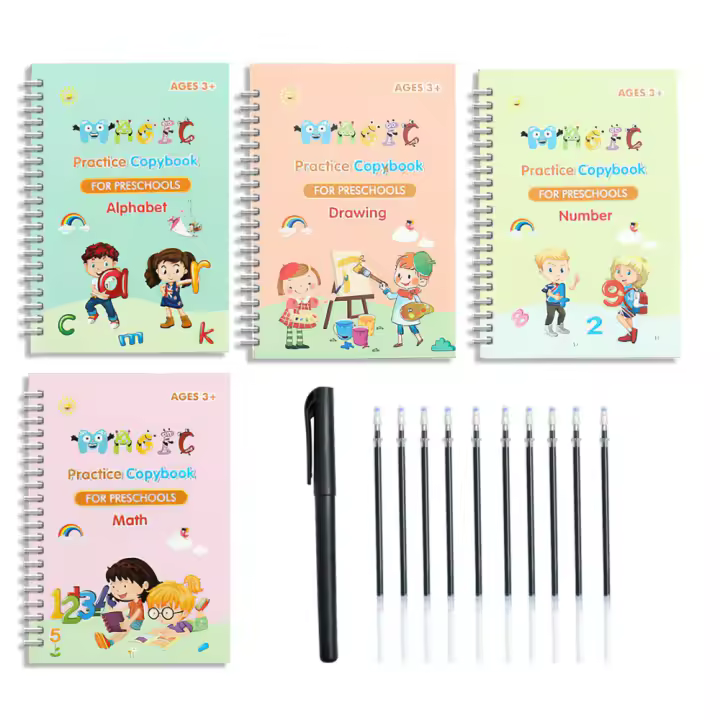 Juego De 4 Copiatillas De Magia Para Niños Con Pluma Reutilizable Y Pista De Escritura 3D Libros De Trabajo Para Escritura - 1