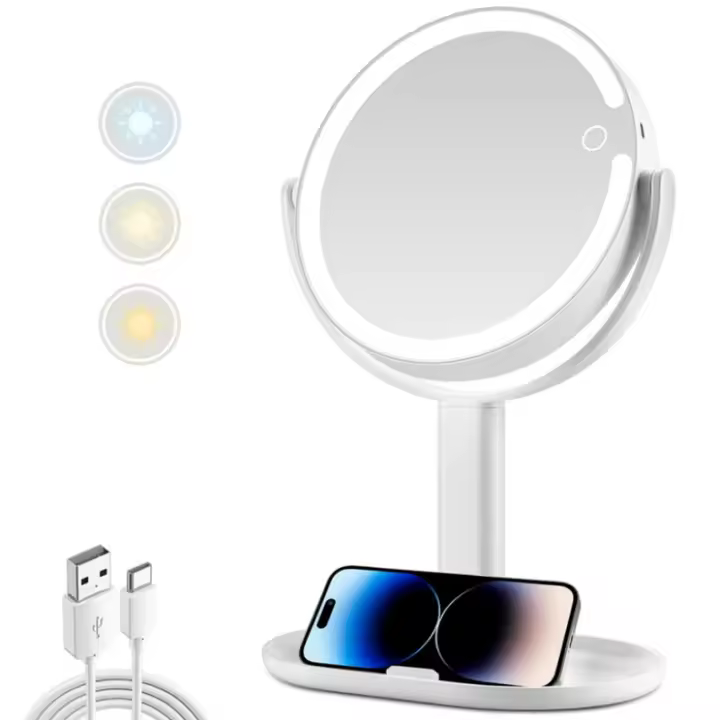 Espejo de aumento con luz de 20x, espejo de maquillaje de 8" con luz en el soporte, espejo de maquillaje iluminado de doble cara, 3 colores, 64 LED - 1
