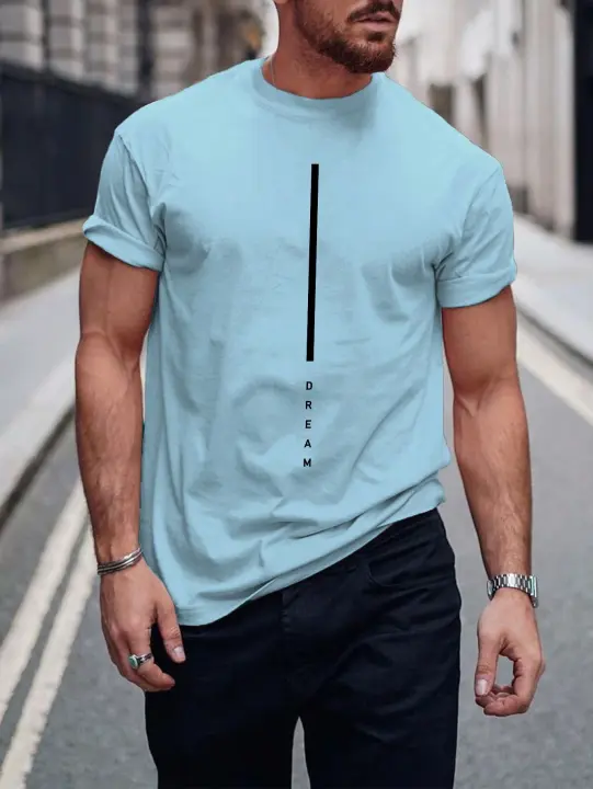 Camiseta De Verano Para Hombre Algodón 100% Ajustada Deportiva Casual Con Estampado De Letras DREAM Manga Corta Cuello Redondo - 1