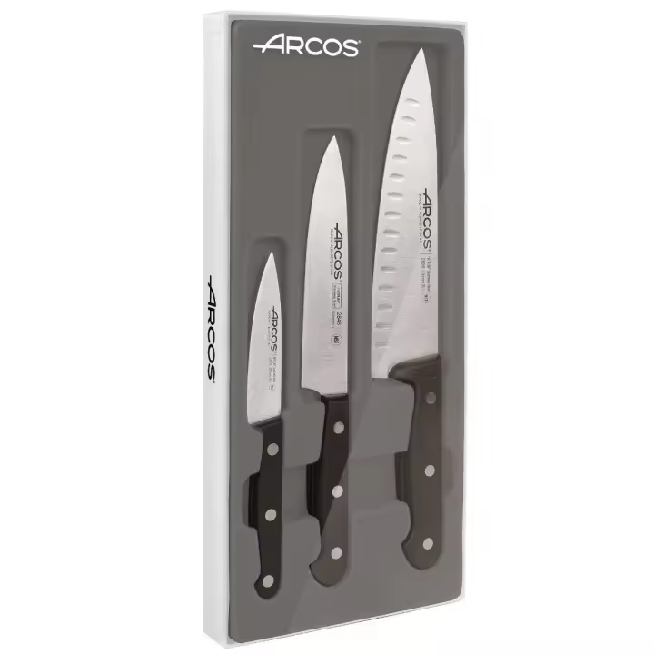 ARCOS Estuche de 3 Cuchillos Básicos de Cocina. Pack de Cuchillos con Hoja de Acero Inoxidable y Mango de Polieximetileno Aptos para Lavavajillas. Serie Universal. Color Negro - 1