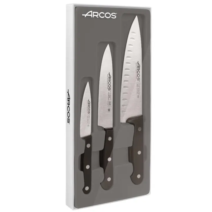 ARCOS Estuche de 3 Cuchillos Básicos de Cocina. Pack de Cuchillos con Hoja de Acero Inoxidable y Mango de Polieximetileno Aptos para Lavavajillas. Serie Universal. Color Negro - 1