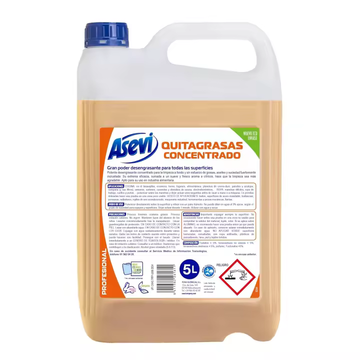 Asevi Quitagrasas Concentrado Profesional 5L: Potente y eficaz, este quitagrasas profesional elimina la suciedad más difícil en tu hogar o negocio. - 1