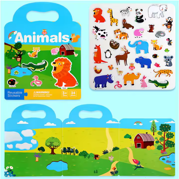 Juego educativo Montessori para niños Silencioso libro con pegatinas de dinosaurios y animales - 1