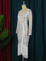 Vestido De Fiesta Para Mujer AOMEI Con Lentejuelas Plateadas Manga Larga Y Abertura En La Parte Inferior Estilo Bodycon Elegante Con Flecos Vestido De Cocktail Para Eventos De Mediana Longitud - details 5