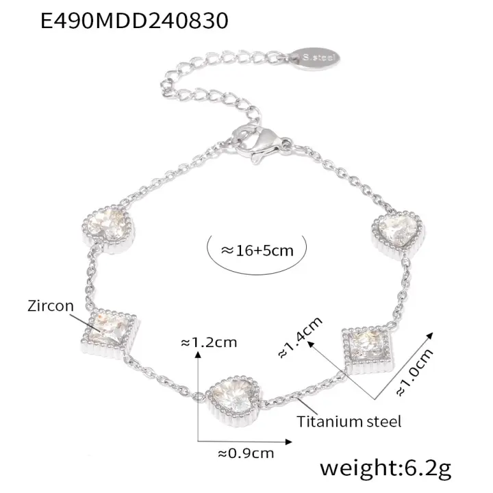 Encanto Pulsera de circonia cuadrada de amor a la moda, pulsera de nicho de acero inoxidable con temperamento, adecuada para combinar diariamente pulsera de circonita de cristal para mujer y niña, brazalete de acero inoxidable 316L, joyería de muñeca - 1