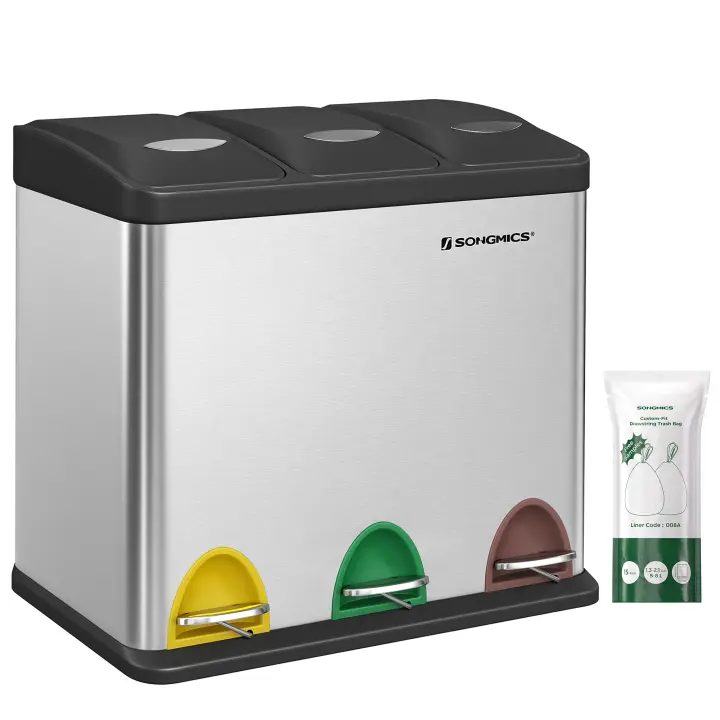 SONGMICS - Papelera de cocina, 3 x 8 L, con tapas, basura triple de acero para pequeñas familias, pedales y cuartos, fácil de limpiar, Plata y Negro/Blanco Crema y Marrón/Blanco Crema y Marrón/Negro/Blanco y Gris - 1