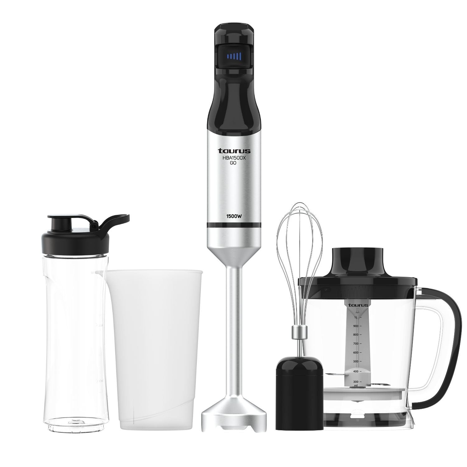 Taurus - Batidora de Mano HBA1500X GO. Color Metálico. Potencia 1500W. Acero Inoxidable. Incluye Botellín Portatil y Accesorios. Diseño Ergonómico