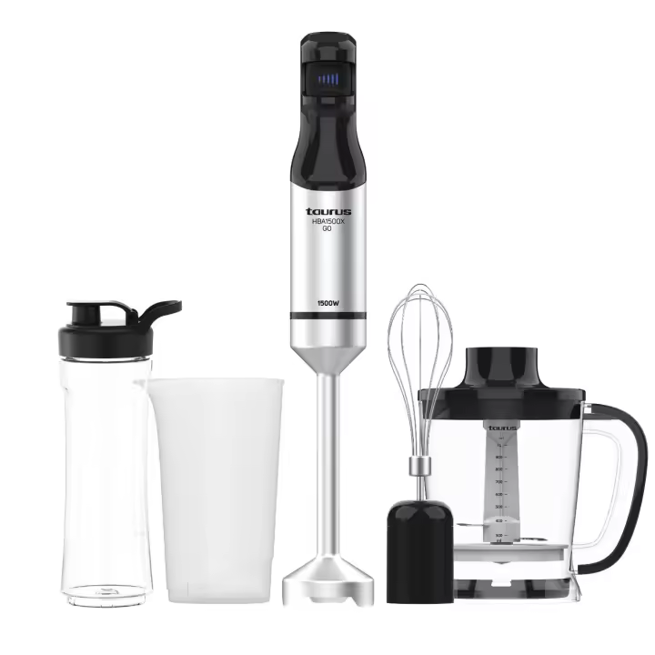 Taurus - Batidora de Mano HBA1500X GO. Color Metálico. Potencia 1500W. Acero Inoxidable. Incluye Botellín Portatil y Accesorios. Diseño Ergonómico - 1