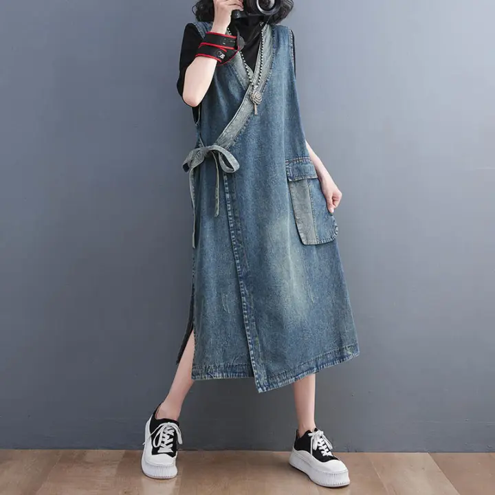 Vestido Largo De Denim Mujer Otoño 2023 Cintura Suelta Sin Mangas Estilo Casual Vintage Clásico Manga Sin Mangas Spaghetti Strap Vestidos De Mujer - 1