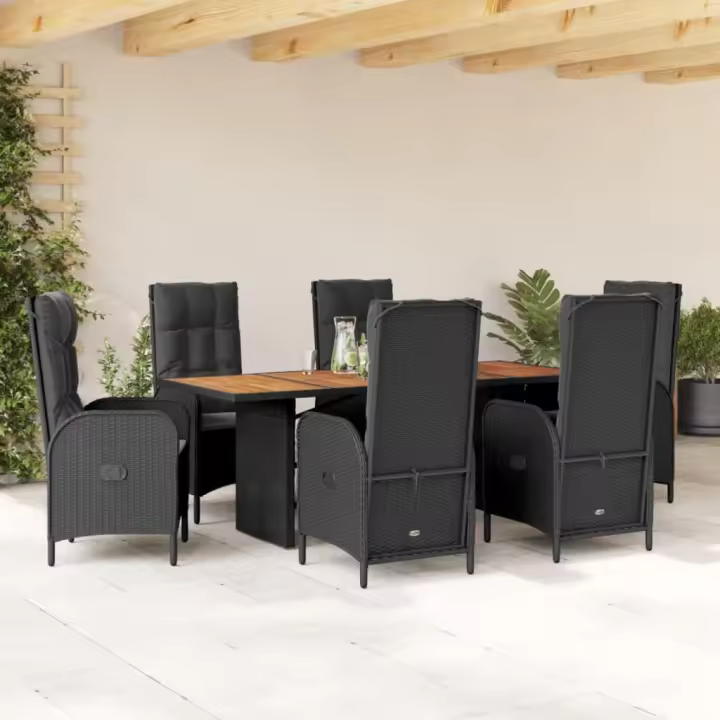 vidaXL Set de comedor de jardín 7 pzas y cojines ratán sintético negro - 1