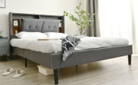 Cama tapizada Cabecero de Cama Doble with Almacén Marco de Cama with USB de carga e iluminación LED Somier de lámparas de Madera, 160*200CM Gris (with colchón) - details 1