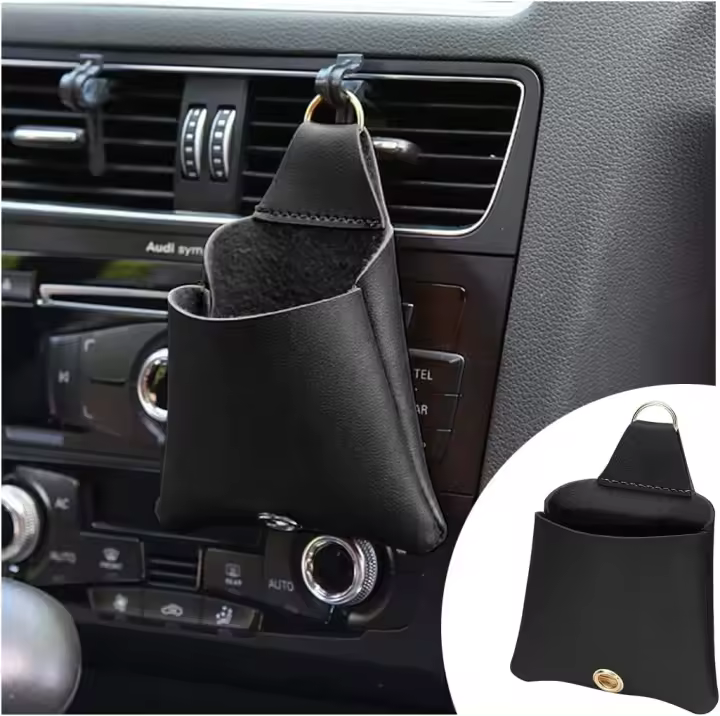 Bolsa de almacenamiento para ventilación de coche con Ganchillo, Organizador de cuero type Bolsa, Bolso multiusos para teléfono, Llaves y Gafas (Negro) - 1