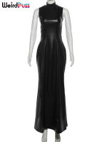 Vestido De Cuero Sintético Sin Mangas Para Mujer Cuello Alto Sólido Estilo Callejero Clásico Largo Cuerpo En Primavera/verano - details 2