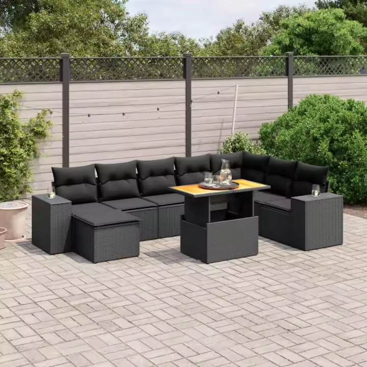 vidaXL Set de sofás de jardín 8 piezas y cojines ratán sintético negro - 1