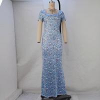 Vestido De Verano Para Mujer Con Cuello Redondo Estampado Slimming De Manga Corta Ajustado Con Cintura Cinchada Vestido Hipo De Pierna - details 1