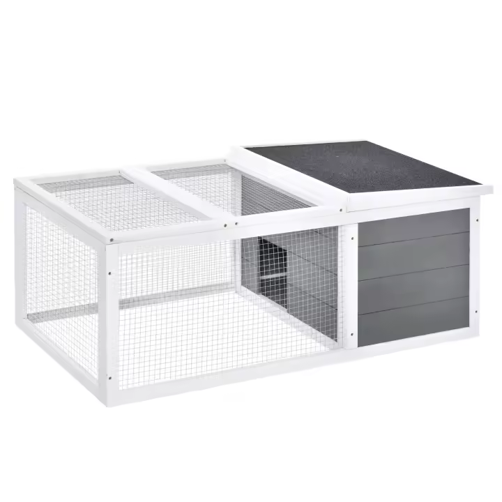 PawHut Conejera de Exterior Jaula para Conejos Cobayas Animales Pequeños con 2 Puertas Superiores y Techo Abatible Asfáltico Madera de Abeto 115x66x47,5 cm Gris - 1