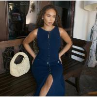 Vestido Elegante De Verano Para Mujer 2024 Largo De Pierna Con Cuello Redondo Sin Mangas Botones Estilo Bodycon Para Fiestas Y Uso Casual - details 12