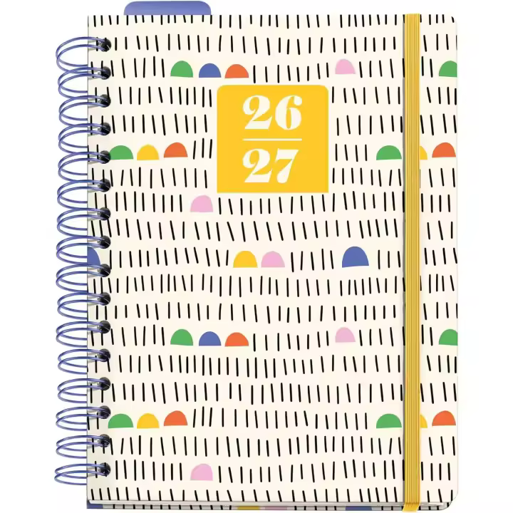 Miquelrius MR21332 Agenda escolar 2026 2027 semana vista A5+, Cartón forrado y cierre de goma, Papel 100 g/m², Doble espiral, Separadores, bolsillo interior, regla marcapáginas y stickers, Sunny lines - 1