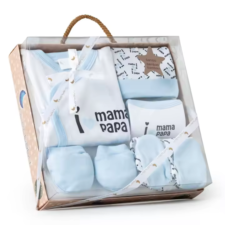 SET 5 PCS(CAMISA+CALÇA+LUVA+BAVETE+MEIAS)+RECÉM-NASCIDOS(0-6 MESES)-100%ALG.-MOD. MAMA-PAPA - AZUL - 1