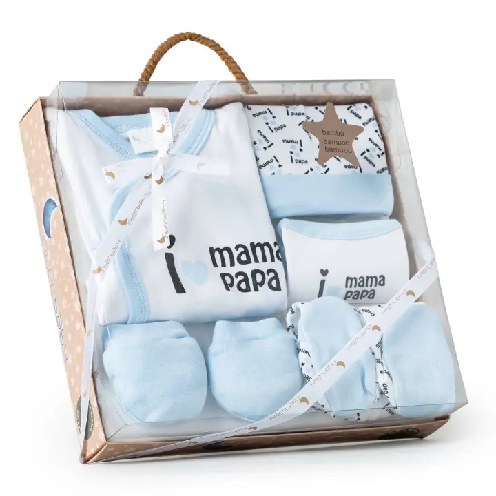 SET 5 PCS(CAMISA+CALÇA+LUVA+BAVETE+MEIAS)+RECÉM-NASCIDOS(0-6 MESES)-100%ALG.-MOD. MAMA-PAPA - AZUL - 1