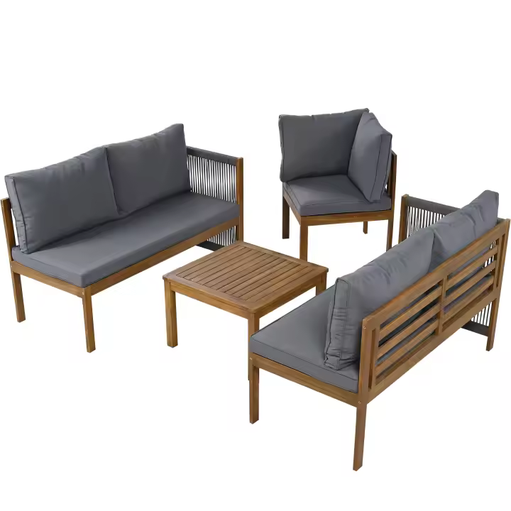 Juego de Muebles de Jardín, Sofá de Esquina + Mesa de Café, Marco de Acacia, Tabla de Acacia, Artesanía de Cuerda Trenzada, Aecuado para Jardín, Gris - 1
