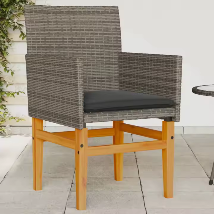 vidaXL Sillas de jardín y cojines 2 uds ratán PE gris y madera maciza - 1