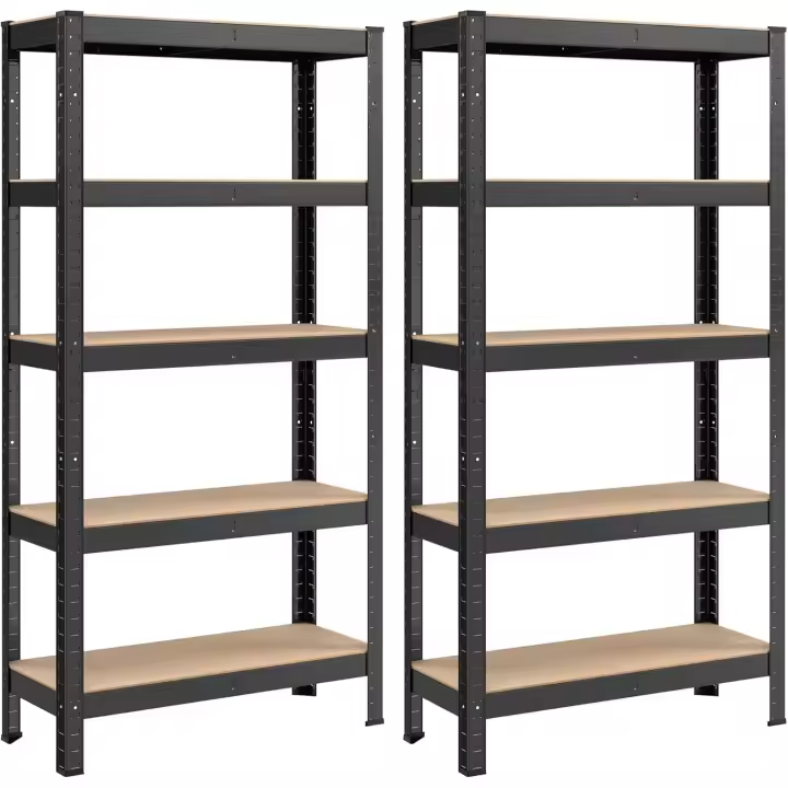 SONGMICS Juego de 2, Estantería Pesada de 5 Niveles, Estantería de Acero, Montaje Rápido, para Instrumentos, Garaje, Almacén, Trastero, Carga de 650 kg, 30 x 75 x 150 cm, Negro/Plata - 1