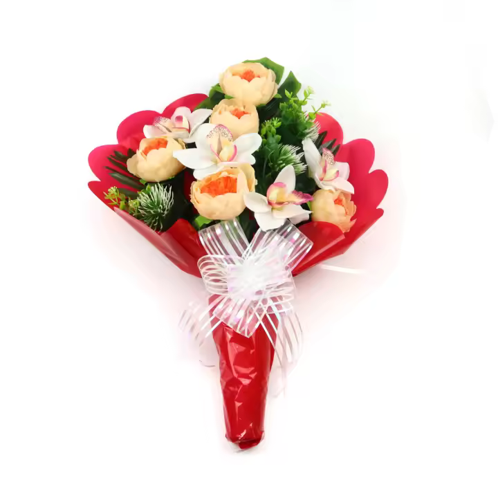 Ramo de Flores Artificiales de Tela para Cementerio arcoirsl - Composición de flores combinadas - Medidas 55×40 cm - Ideal para Todos los Santos - Resistente a Intemperie y Duradero - Disponible con Envoltorio en Varios Colores - 1