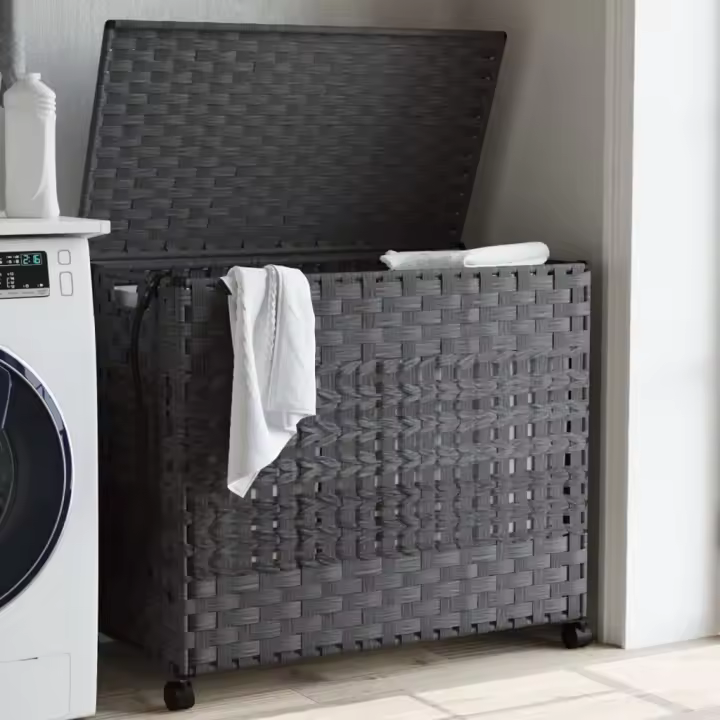 vidaXL Cesto para ropa sucia con ruedas ratán gris 66x35x60 cm - 1