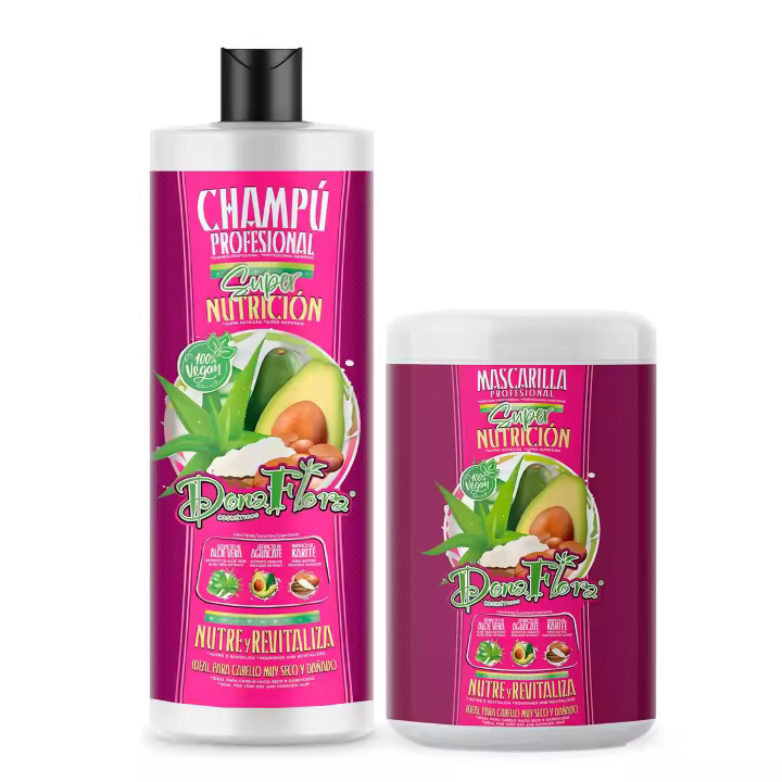 Pack Dona Flora Super Nutrición: Champú 1000ml + Mascarilla Capilar 1000ml - Hidratación y nutrición intensiva - Aloe Vera, Aguacate y Manteca de Karité - Vendido por Beauty World Distributor - 1