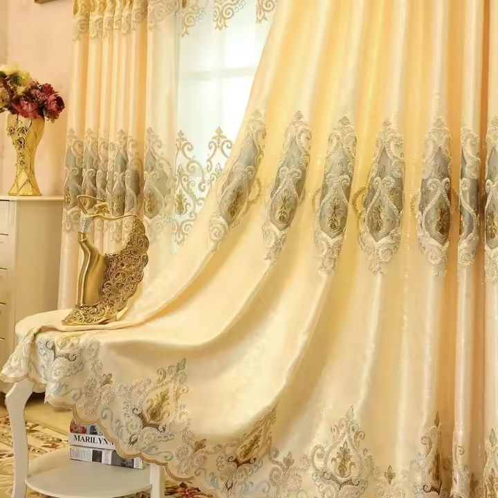 Cortinas Europeas Elegantes De 1 Pieza Para Sala De Estar Y Dormitorio Amarillo Con Bordado Alta Sombría Decoración De Ventana De Villa - 1