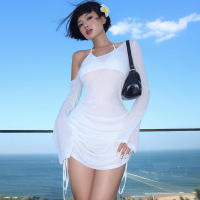 Vestido De Playa De Verano 2025 Para Mujer Estilo Picante Diagonal Hombro Largo Manga Flare Vestido De Vacaciones Sexy & Club - details 5