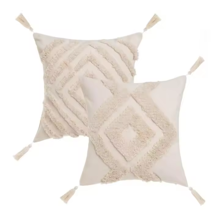 Dcasa Set de 2 cojines de rombos con borlas beige de tela pelo de 45x45 cm con relleno - 1