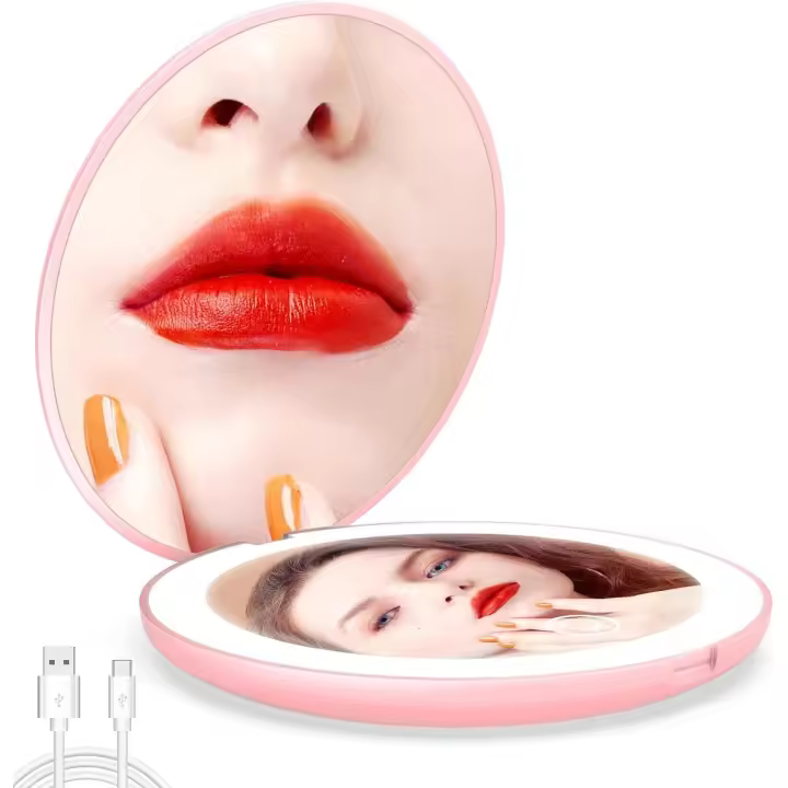 Espejo de maquillaje, recargable, regulable, con luz LED, aumento de 1x/10x y luz, portátil de 4 pulgadas para bolso, color rosa - 1