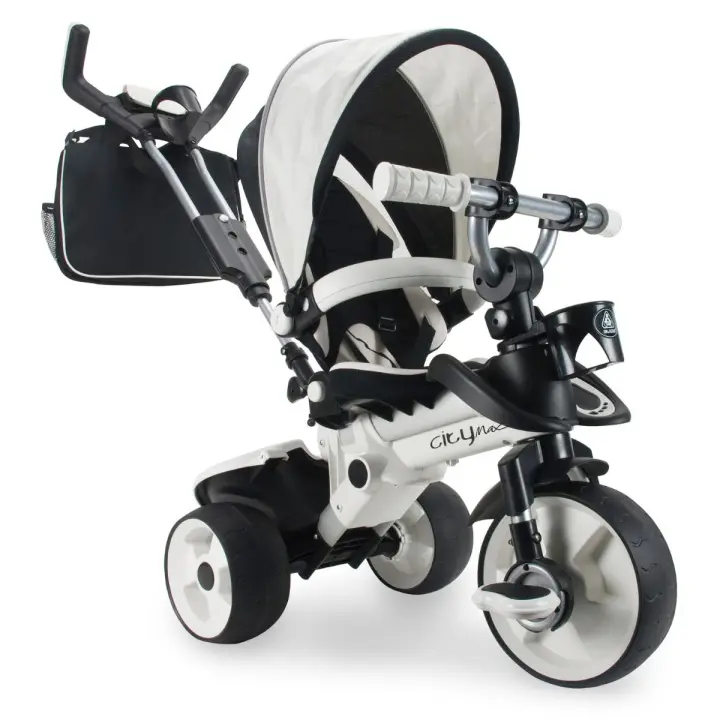 INJUSA - Triciclo Infantil Evolutivo City Max | Triciclo a Pedales para Niños de 6 a 36 Meses | Mango de Dirección Parental Extensible | Capota Solar | Mochila | Arco y Cinturón de Seguridad | Cubeta Trasera | Cubiertas de Goma EVA en Ruedas | Blanco - 1