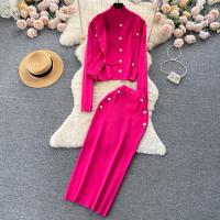 Conjunto De Ropa De Mujer REALEFT Otoño Invierno 3 Piezas Traje De Tejido Knitted Cardigan De Botón Sencillo Y Tops Falda Elegante Para Oficina - details 0