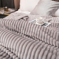 Manta De Ternura Sólida Rayada Flannel 1pc Suave Y Cálida De Poliéster Para Sofá Y Dormitorio Cubierta De Cama - details 4