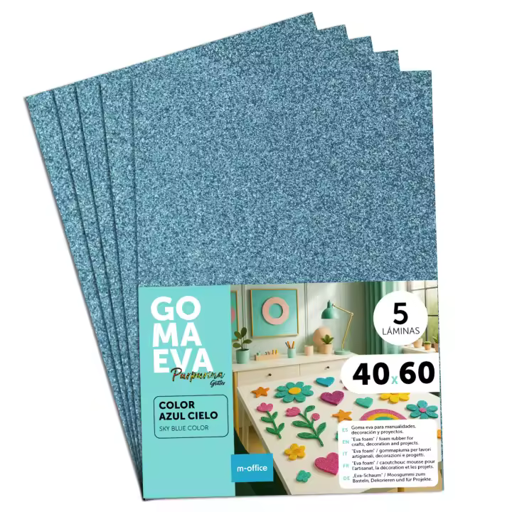 Goma Eva de Purpurina para Manualidades, Goma Espuma de Colores para Proyectos Creativos, Ideales para Artes y Manualidades, uso Escolar o Profesional 40x60cm - m-office (Azul Cielo Purpurina, 5 uds) - 1