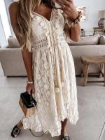 Sin Mangas, Cuello en V, Vestido Fruncido con borlas, Vestido Largo con Volantes y Fruncido con Cordones para Mujer - details 2