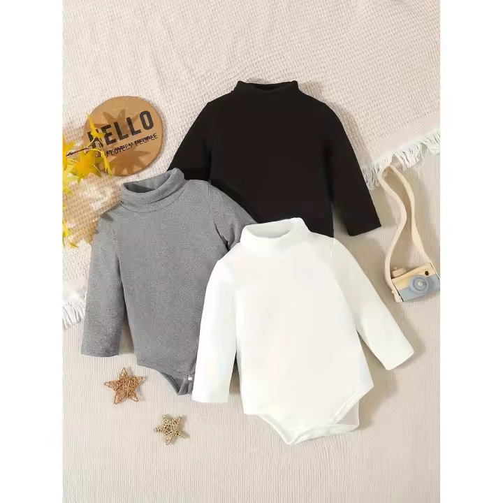 3 Pares De Ropa Para Bebe Niña Invierno Cómoda Caliente Sólida Casual Veludo Cuello Alto Manga Larga Triángulo - 1