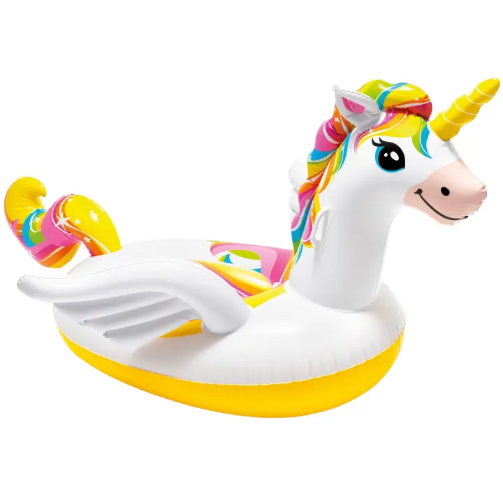 Unicornio hinchable piscina niños INTEX, flotador 198x140x97 cm, asas sujeción, doble cámara aire, parche incluido, juguete acuático verano, uso individual 1 niño, carga máxima 40 kg, a partir 3 años, original colorido, diversión agua exterior - 1