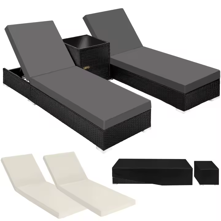 Tectake - 2 tumbonas de Poliratán y aluminio + mesa  Para interiores y Exteriores, incluye tuercas de acero inoxidable  Mesa auxiliar con espacio para almacenaje  Ajustable en 5 posiciones - 1