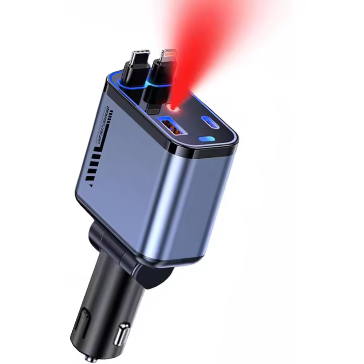 Cargador de coche retráctil de 120 W con Starlight, adaptador USB-C 4 en 1 de carga rápida con 2 cables retráctiles y 2 puertos USB, compatible con iPhone 16/15/14/13/12/11 y todos los teléfonos Android. - 1