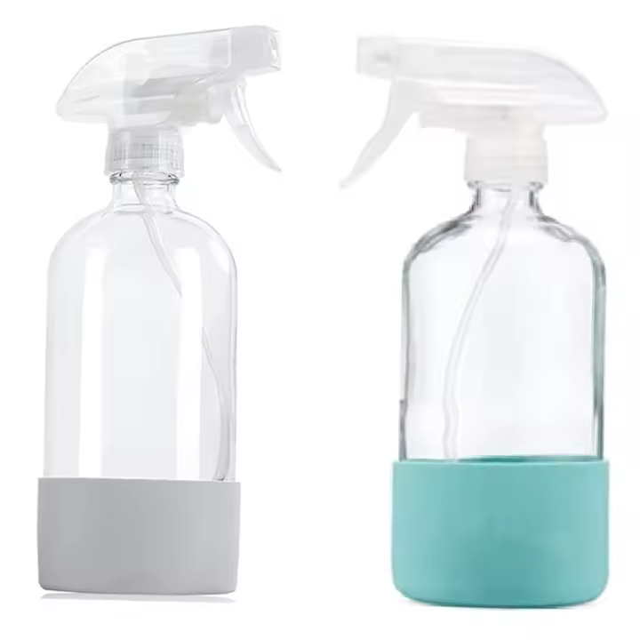 Botellas de Spray de vidrio transparente con funda de silicona, botella vacía recargable para soluciones de limpieza, pulverizador de agua - 1