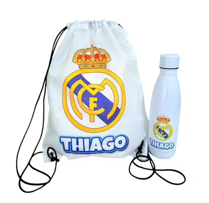 Mochila Poliéster Real Madrid + Botella Térmica 700ML (DEJAR NOMBRE EN CHAT O NOTAS)  Diseño + Nombre - Regalo perfecto - 1