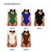 Camisa Henley Para Mujer Cuello V Ribbed Tops Corta Verano 2023 High Street Sexy Bodycon Bodysuits Ajustado Color Negro Azul Blanco Café Verde - details 1