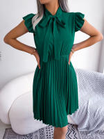Vestido Elegante De Mujer Con Cintura Alta Y Volantes Para Primavera Y Verano Estilo Casual Collar Con Lazo Cuello Alto Y Mangas Batwing - details 15